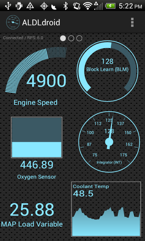 ALDLdroid dashboard showing live gauges for engine speed, O2 sensor, coolant temp, and more