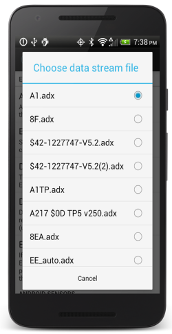 ADX file selection dialog showing available data stream files